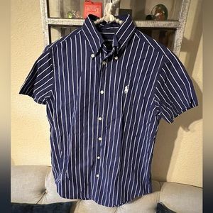 Ralph Lauren Women Navy Blue & White Pinstripe Button-Up Blouse; Size: 8